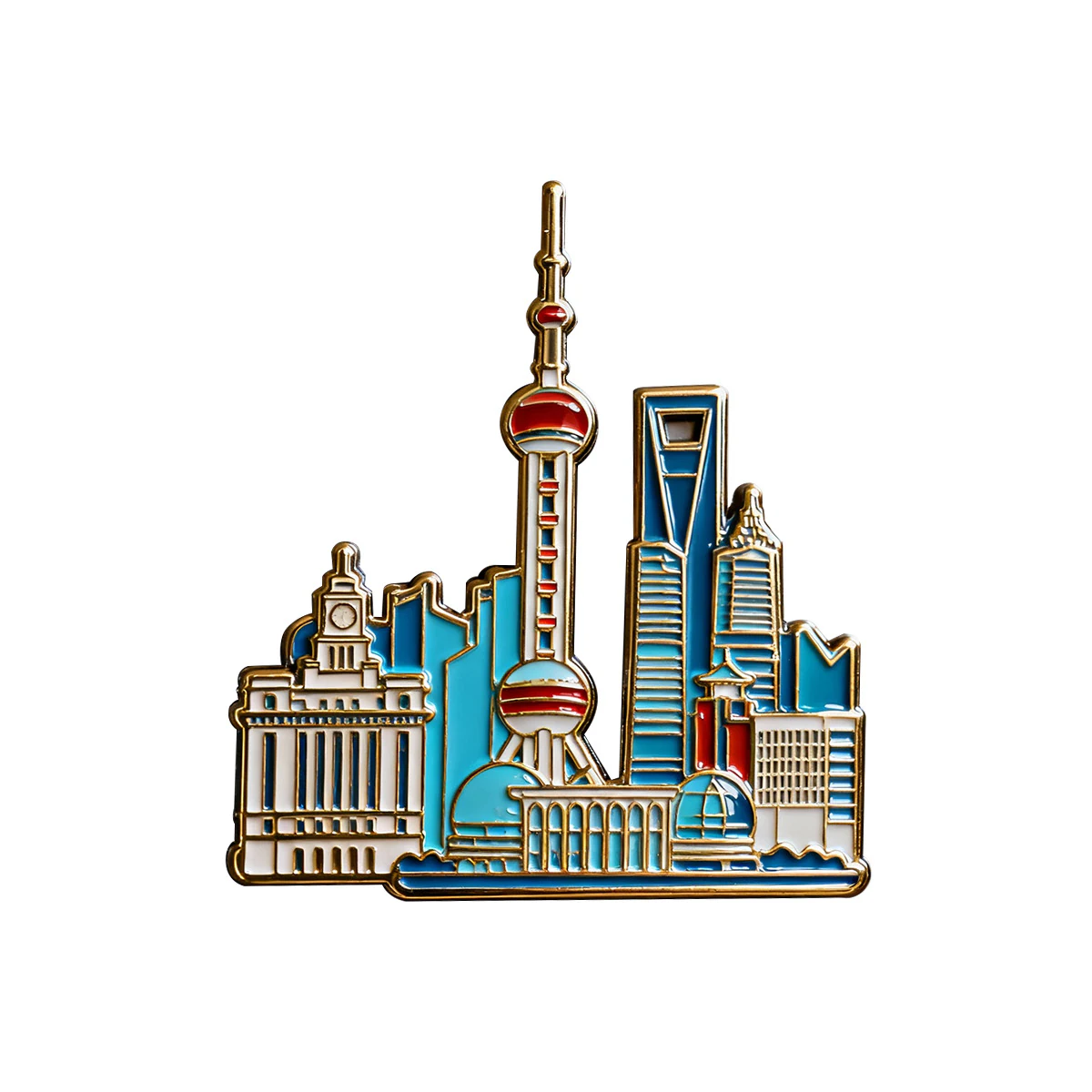 Gold-plated hard enamel pin shaped as the Shanghai skyline
