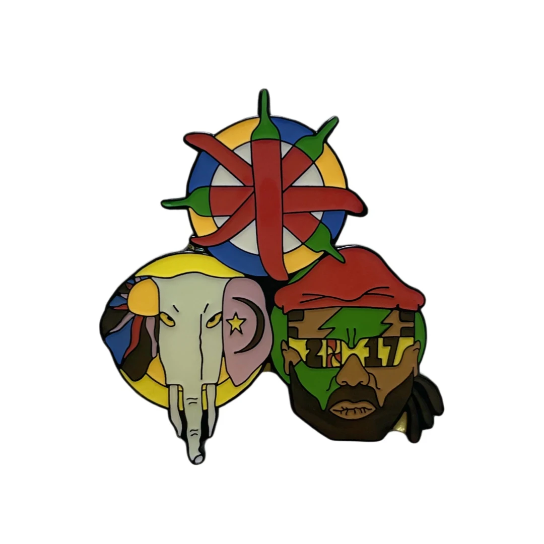 Multicolor soft enamel pin sample with elephant, pepper and portrait motifs