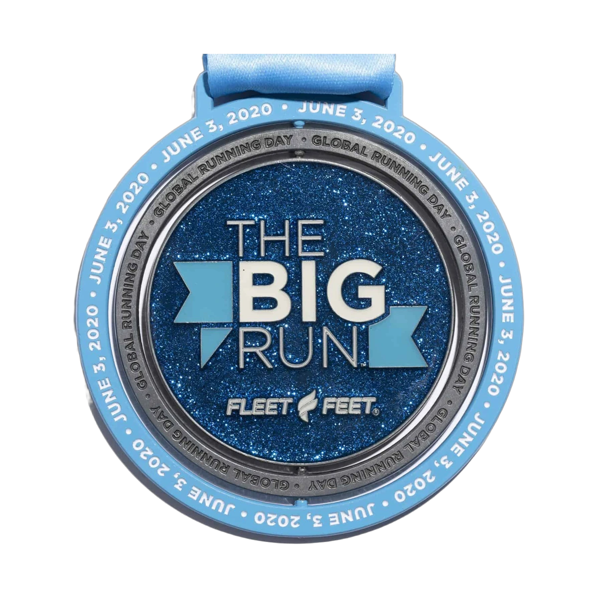 Blue enamel running event medal with a matching ribbon